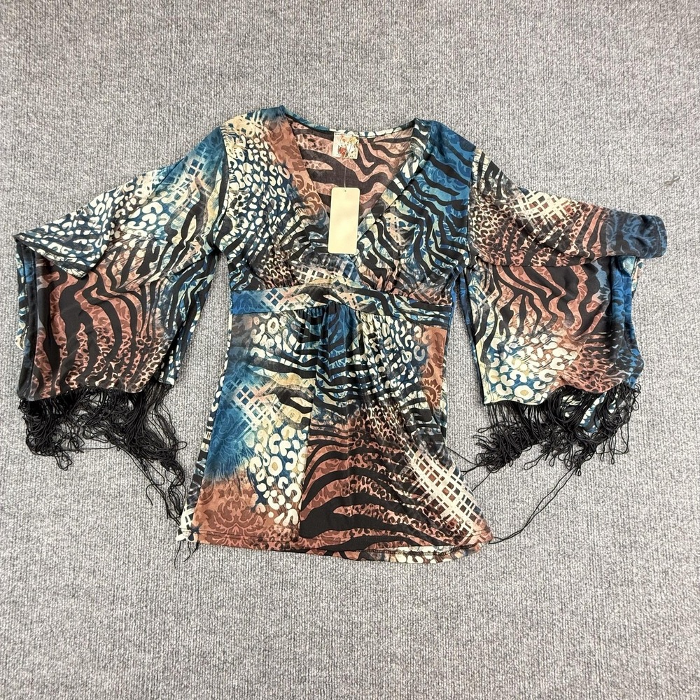 Jostar‎ Blouse Womens Medium Multicolor Animal Print Kimono Fringe Boho Top